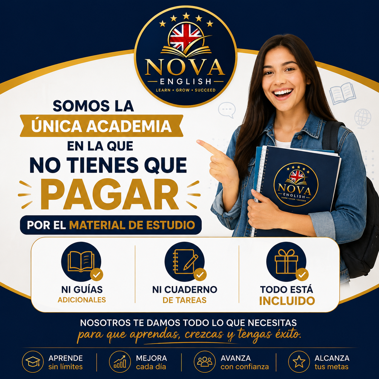 Nova English: material de estudio incluido, sin cobro adicional por guías ni cuaderno de tareas